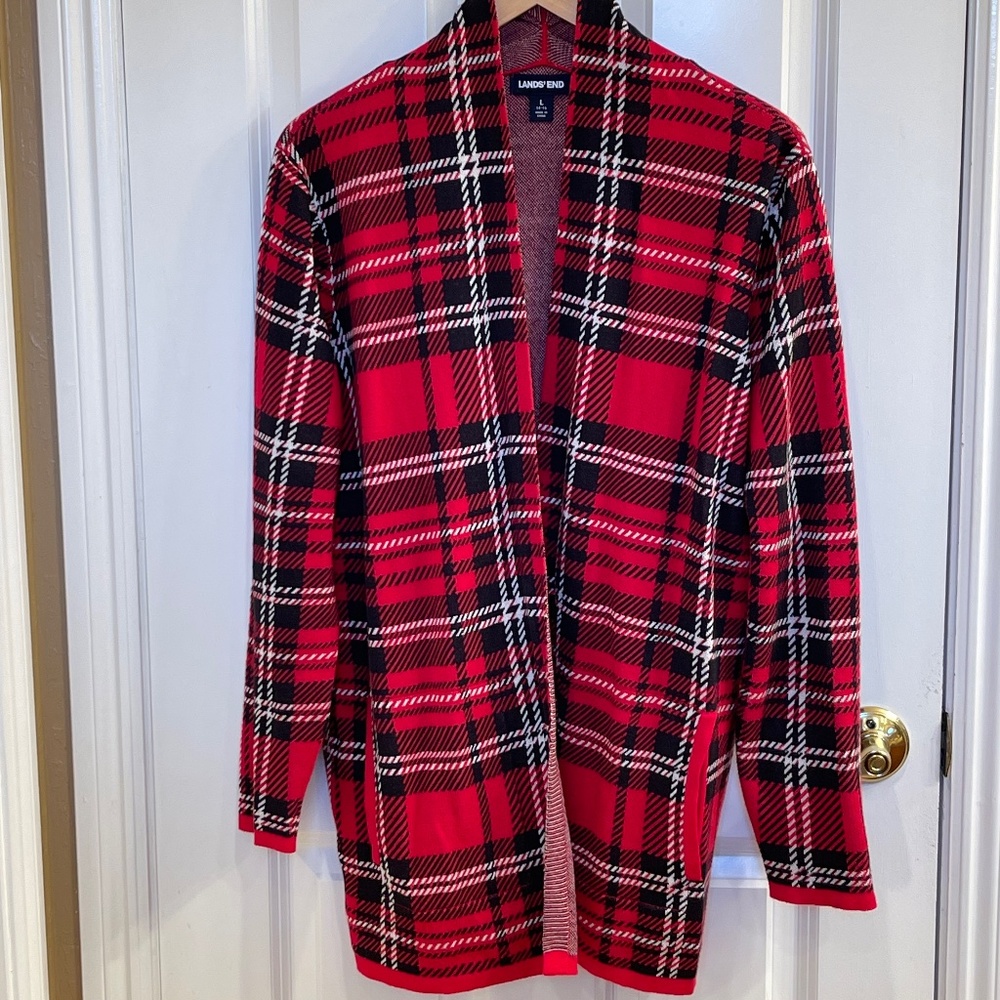 Lands End Cardigan Sweater Plaid Red Black and White Size L